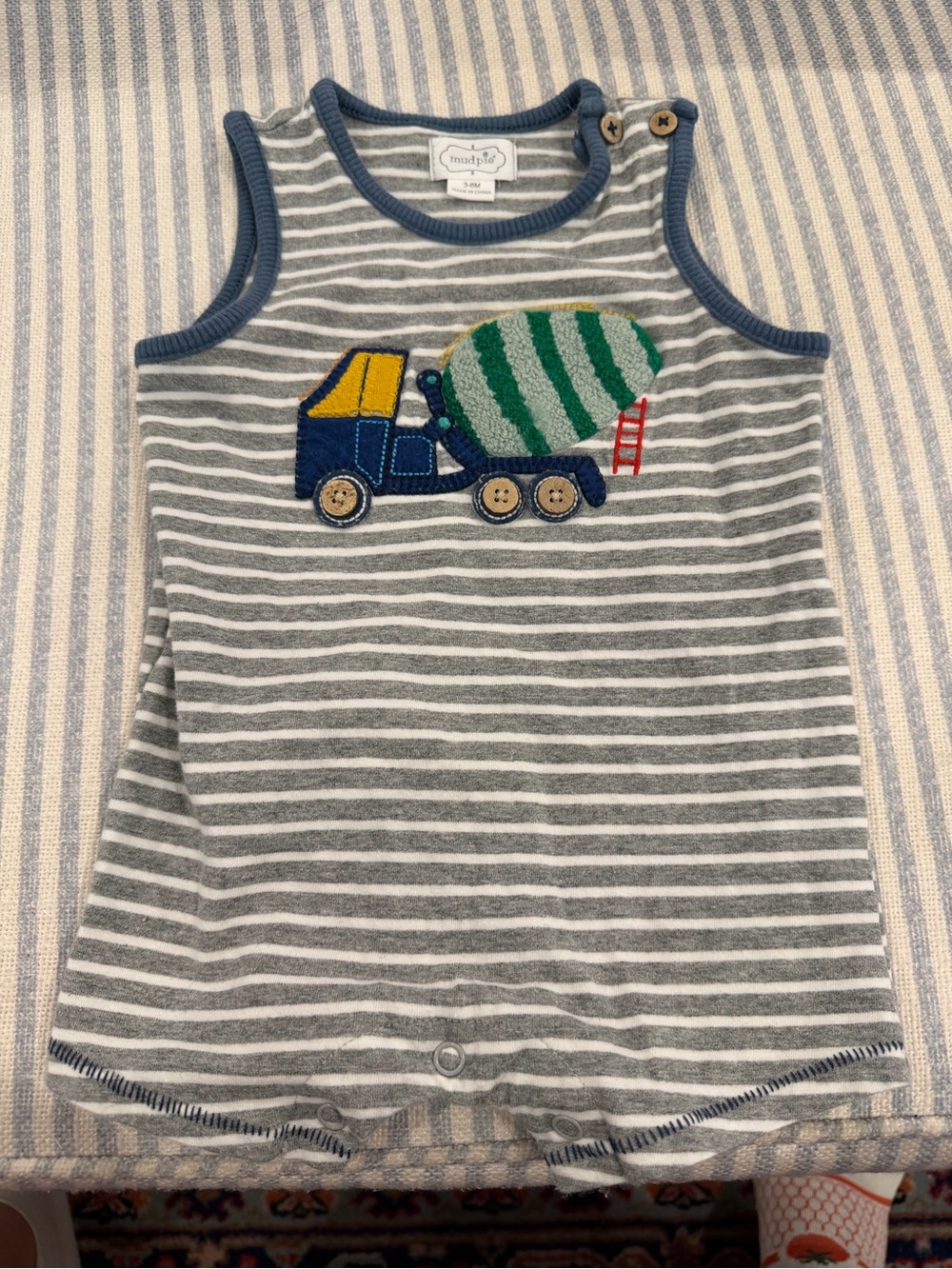 mud pie Gray & White Striped Tank Romper with Blue Truck Applique, size 3-6m